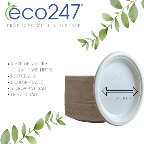Vista 7 de Platos redondos 100% compostables [9 pulgadas - 125 unidades] Platos desechables a granel resistentes Platos reciclables blancos ecológicos