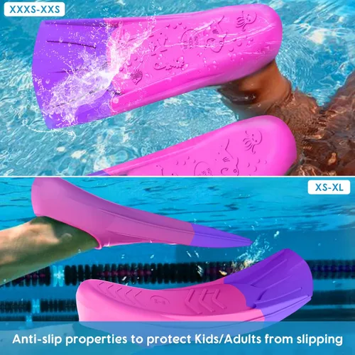 Vista 5 de Gintenco Aletas de natación para niños, aletas de entrenamiento de natación para natación, aletas de tamaño de viaje con bolsa de malla, aletas