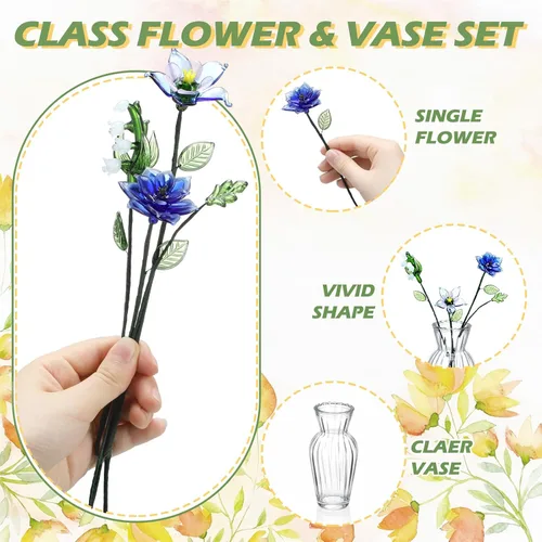 Vista 3 de HunnmingRe 5 piezas de flores de vidrio con jarrón, decoración de flores de mes de nacimiento de mayo, ramo de flores de cumpleaños de vidrio
