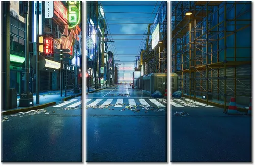 Vista 107 de Arte de pared de 3 piezas de escena de ciencia ficción de la calle comercial futurista paisaje urbano, decoración de pared para dormitorio