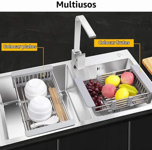 Vista 4 de LUEXBOX Escurridor extensible para secar platos sobre el fregadero, cesta escurridor de acero inoxidable con brazos ajustables para verduras y Gris