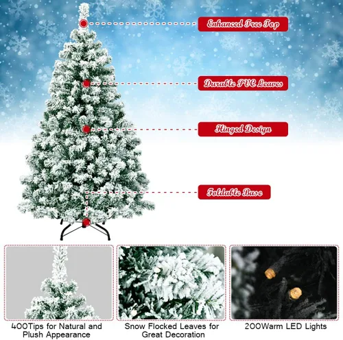 Vista 3 de Goplus - Árbol de Navidad artificial nevado de 4.5 pies, con nieve, flocado, con bisagras, preiluminado con 200 luces LED, 400 puntas de ramas