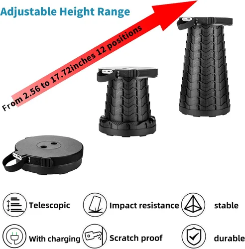 Vista 3 de Taburete telescópico portátil con cargador móvil de 4400 mAh, taburete plegable cargador de teléfono integrado para iPhone Android, asiento plegable