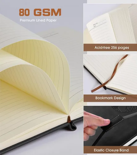 Vista 4 de Cuaderno rayado para mujeres y hombres, 256 páginas, tamaño A4, grande, de tapa dura, de cuero, para escribir, viajes, negocios, trabajo, escuela