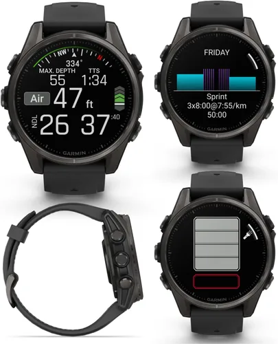 Vista 3 de Garmin Fenix 0.315 – 1.693 in Zafiro, AMOLED Multisport GPS Smartwatch, gris carbón DLC titanio con silicona negro/gris guijarro, linterna LED fenix
