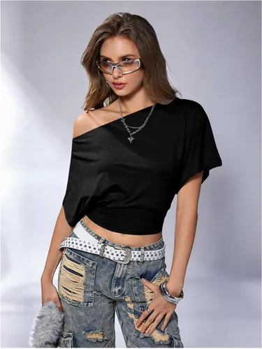 Vista 3 de SweatyRocks Women's Off The Shoulder Tops Asymmetrical Summer Going Out Top Negro