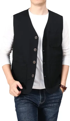 Vista 6 de PRIJOUHE Chaleco casual de algodón para hombre, ligero, transpirable, con múltiples bolsillos, para pesca, safari, viajes, para exteriores