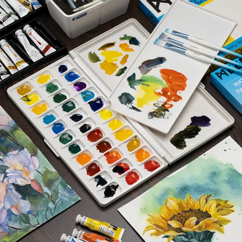 Vista 6 de MEEDEN Paleta de acuarela con tapa: paleta de pintura plegable hermética de 33 pozos con bandeja de mezcla grande, paleta de arte de pintura Negro