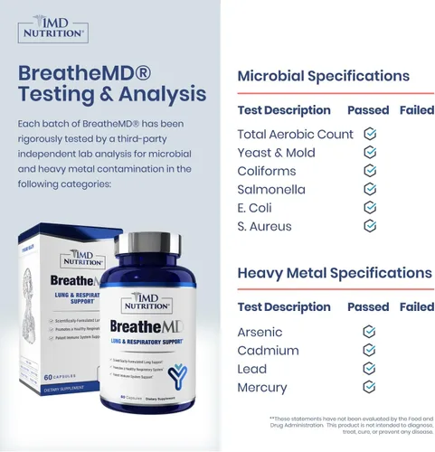 Vista 2 de 1MD Nutrition BreatheMD Suplemento de apoyo pulmonar y respiratorio Promueve un sistema inmunológico saludable con saúco, cromo y NAC 60