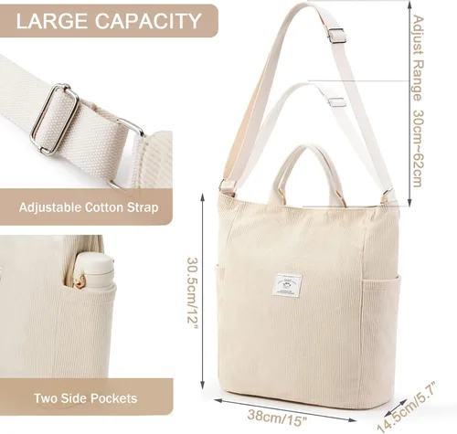 Vista 6 de KALIDI Bolso de mano de pana, bolso grande tipo mensajero para hombro, antisalpicaduras, bolsa cruzada con cremallera, casual, trabajo, compras