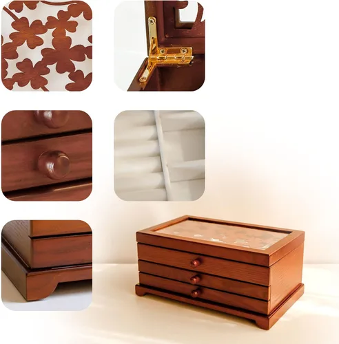 Vista 6 de Kendal Joyero de madera, joyero de 3 capas para mujer, organizador de joyas, estuche de almacenamiento de joyas de madera para collares, aretes
