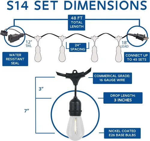 Vista 4 de Novelty Lights Tira de luces LED para patio al aire libre de 48 pies, color negro (Black Wire)