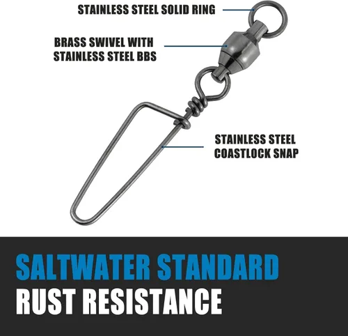 Vista 4 de Dr.Fish Fishing Snap Swivels Ball Bearing Swivels Fishing Tackle Saltwater & Freshwater Coast-Lock Lure Snap Clips Terminal Tackle Line Leader
