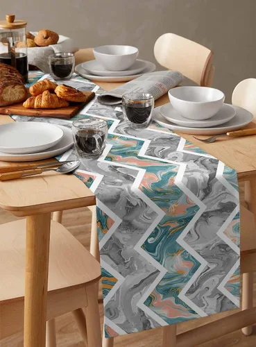 Vista 6 de Zigzi - Bufandas de mesa azules, textura de mármol a rayas grises de Zigzi, camino de mesa de comedor, decoración de mesa rectangular lavable