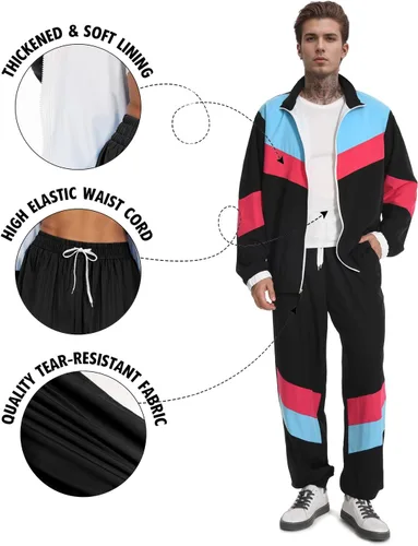 Vista 6 de UOUA Traje de los años 80 para hombre, traje deportivo de los años 90, disfraz de Halloween, 70, chaqueta rompevientos, traje de pista de 2 piezas