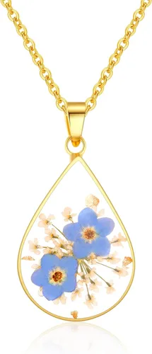 Vista 106 de Forget-Me-Not and Queen Anne's Lace Pressed Wildflower Necklace Birth Month Real Flower Necklace Gold/Silver Pressed Flower Jewelry