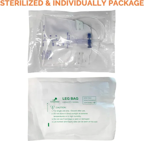 Vista 5 de Paquete de 5 bolsas de pierna fáciles de tocar con válvula antirreflujo, bolsas de catéter de 33.8 fl oz con 2 correas de tela, bolsa desechable