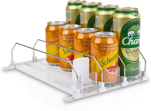Vista 7 de Dispensador de latas de soda para refrigerador, estante de autoempuje de 3 filas, se adapta a hasta 15 latas, estante de almacenamiento de bebidas