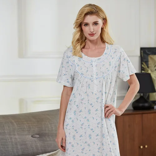 Vista 9 de Keyocean - Camisón de manga corta para mujer, 100 % algodón, suave, cómodo, ligero, con encaje, para verano, ropa de dormir Floral azul