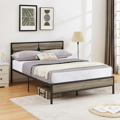 Vista 4 de VECELO Base de cama tamaño Queen con cabecera y estribo de madera, base de colchón de plataforma de cama Queen, soporte de listones de acero,