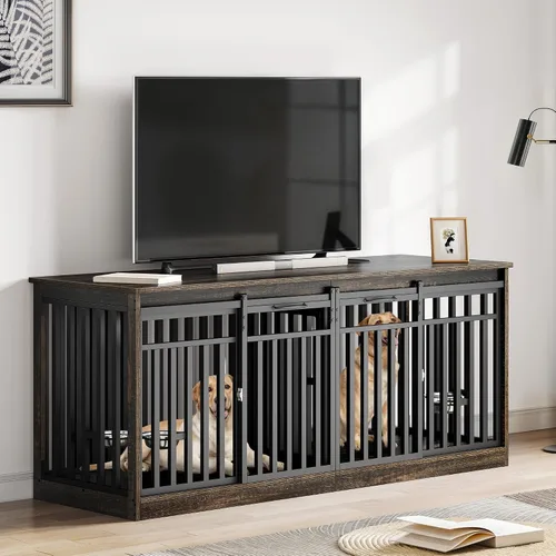 Vista 9 de DWVO Mueble de jaula doble para perros de 71" para 2 perros medianos, perrera doble de madera resistente soporte de TV con puertas correderas, mesa