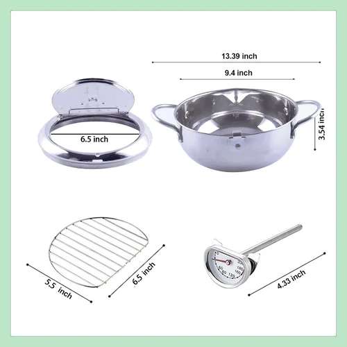 Vista 5 de Prodent Olla para freidora, olla de acero inoxidable de 3.4 L, con termómetro, olla de tempura con tapa de rejilla de goteo de aceite, freidora