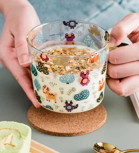 Vista 2 de JHTPSLR Taza de vidrio transparente con asas para fiesta del bosque, 17 onzas, bonita, taza de vidrio con osos, zorro, búho, ardilla, alce, hongos