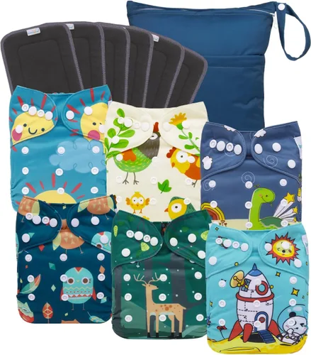 Vista 11 de babygoal AWJ Pañales de tela con panel abdominal, paquete de 13, 6 fundas de pañal con 6 insertos y bolsa seca para humedad, ajustables, lavables