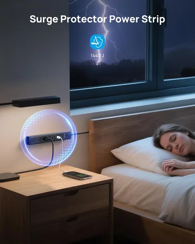 Vista 4 de TROND - Tira de alimentación con protector de sobretensiones, enchufe plano giratorio 360°, 5 tomas ampliamente espaciadas con 2 USB C y 2 USB A
