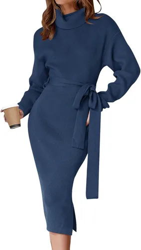 Vista 8 de ZESICA - Vestido por debajo de la rodilla de suéter, de cuello alto, para mujer, de manga larga, de punto acanalado, con abertura y cinturón