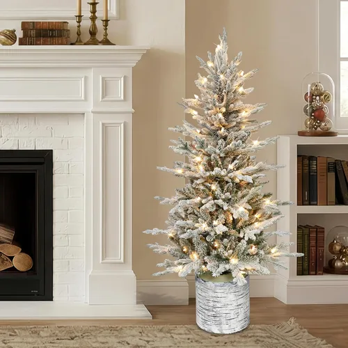Vista 2 de Puleo International 4.5ft Pre-Lit Potted Flocked Arctic Fir Christmas Tree 419 puntas de ramas flocadas realistas, 70 luces incandescentes