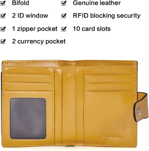 Vista 5 de BOSTANTEN - Billetera de cuero para mujer con bloqueo RFID, pequeña, con cremallera, de bolsillo, para tarjetas, con ventana para documento
