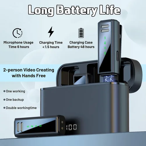 Vista 5 de Micrófono Lavalier inalámbrico con cancelación de ruido, 6 horas de batería, mini micrófono inalámbrico para iPhone, Android, entrevista