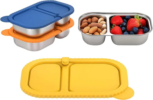 Vista 18 de 2 cajas Bento de acero inoxidable 304, 2 compartimentos, contenedores portátiles de almacenamiento de alimentos, cajas de aperitivos con tapas, caja