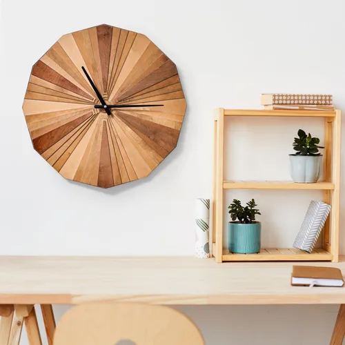 Vista 2 de Reloj de pared de madera de Verso paramétrico, reloj decorativo de madera acústica en capas de madera contrachapada 3D (pequeño)