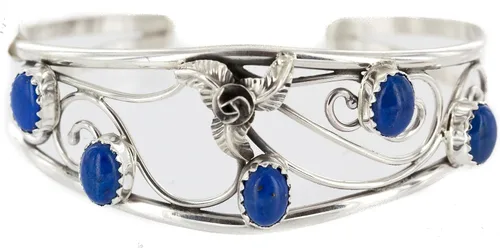 Vista 2 de $250Tag Certificado Navajo Natural Lapislázuli Pulsera Nativa Americana 12946-1 Hecho por Loma Siiva, Metal Piedra, Lapislázuli