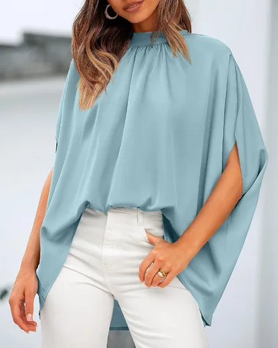 Vista 6 de BTFBM Blusas de verano para mujer, cuello alto falso, manga murciélago, holgadas, dobladillo alto y bajo, blusas informales de gran