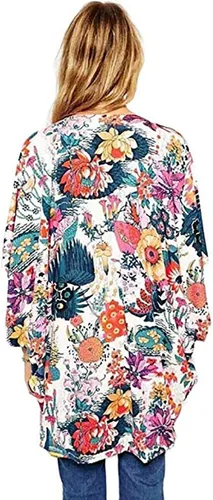 Vista 2 de Kimono suelto largo con estampado floral de estilo retro para mujer, niña, chamarra, abrigo, cárdigan, blusas