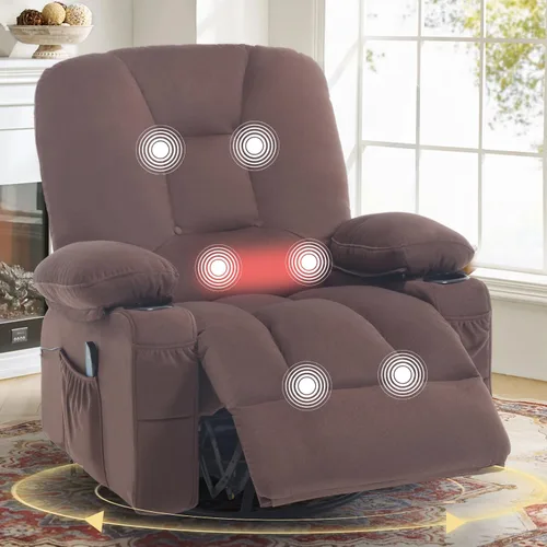 Vista 10 de Rocker - Silla reclinable con masaje y calor, sillón reclinable giratorio con relleno con soporte para tazas, bolsillo lateral USB, sofá mecedora