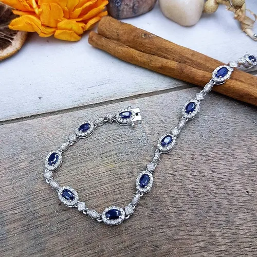 Vista 7 de Dazzlingrock Collection Pulsera de eslabones de mujer de diamante blanco de corte ovalado real con zafiro azul y corte redondo, plata esterlina