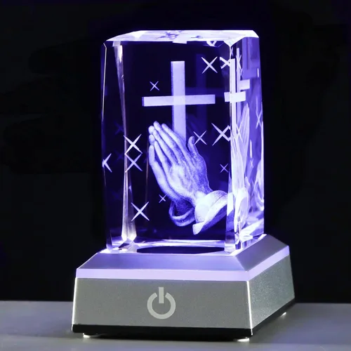Vista 10 de YWHL Figura de Cruz de Cristal 3D con Base de Luz Colorida, Grabada Láser, Regalos Religiosos Bíblicos para Mujeres y Hombres, Decoración Cristiana