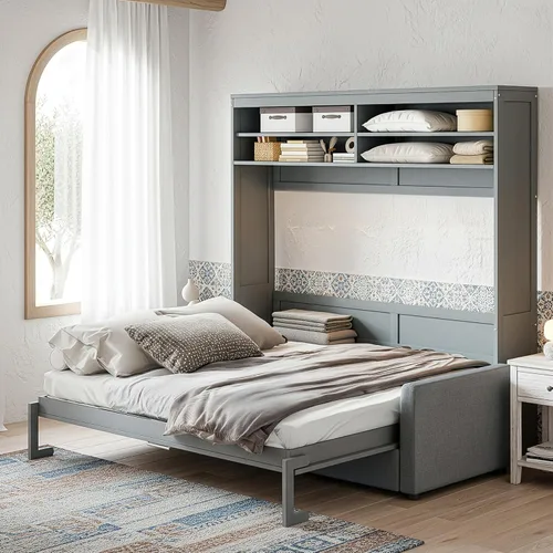 Vista 3 de Cama Murphy tamaño Queen, cama de madera Queen Murphy con sofá, cojín y estantes, gris