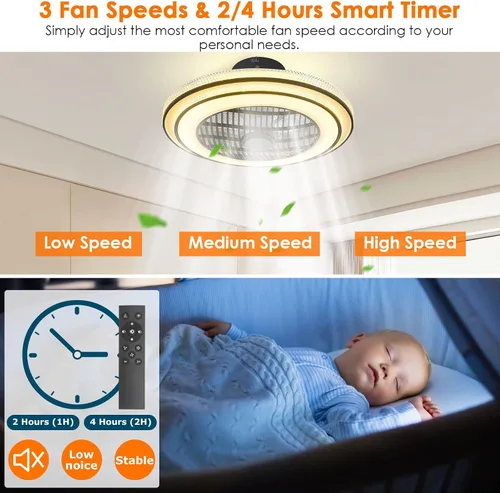 Vista 3 de KOCASO Ventilador de techo de perfil bajo con luz, moderno ventilador de techo empotrado de 20.5 pulgadas con control remoto y temporizador, 3