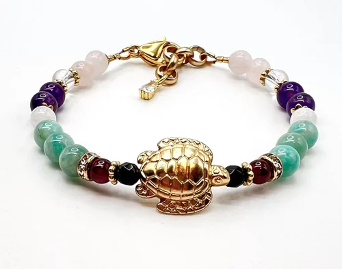 Vista 4 de Pulsera de fertilidad de tortuga fértil/piedras preciosas naturales cuarzo rosa, piedra lunar, amatista, cristal de roca, granate, ónix
