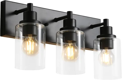 Vista 9 de LOUSACE Lámpara de tocador de baño de 3 luces, lámparas de baño negro mate sobre el espejo, iluminación moderna de baño con pantalla de vidrio