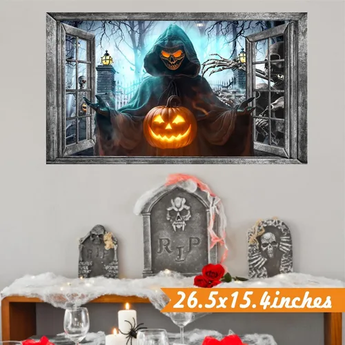 Vista 7 de Decoración de pared de Halloween, calcomanías de Halloween 3D para ventana falsa, despegar y pegar, calabazas, esqueleto, murales artísticos