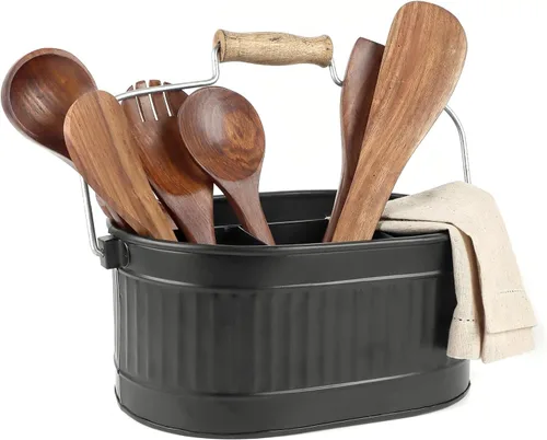 Vista 4 de CLEENTABLE Organizador rústico galvanizado para utensilios – Soporte de cubiertos de granja para cocina, comedor, picnic, fiestas, organizador