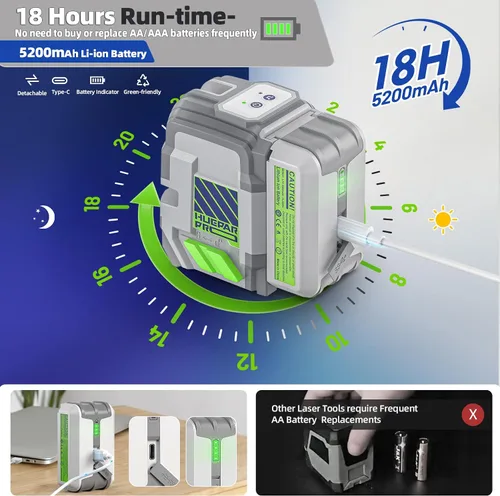 Vista 2 de Huepar Pro Herramienta de nivel láser recargable, autonivelante de línea cruzada verde con modo de pulso al aire libre, tiempo de funcionamiento