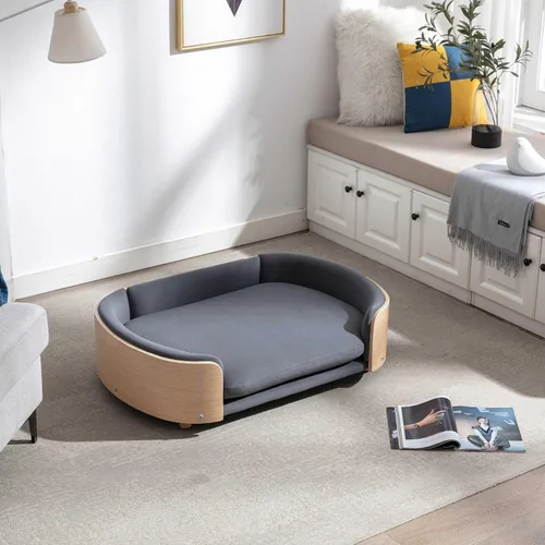 Vista 3 de Cama de terciopelo para perro, sofá para mascotas con patas de madera maciza y respaldo de madera doblada, cojín resistente a las manchas en varios