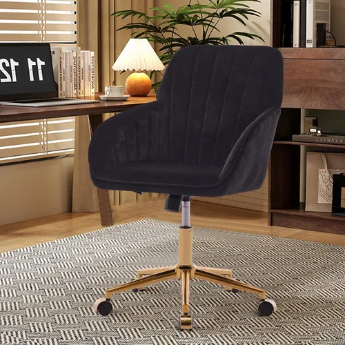 Vista 11 de Silla de oficina en casa de terciopelo con base dorada, cómoda y moderna silla de escritorio, silla giratoria ajustable para sala de estar